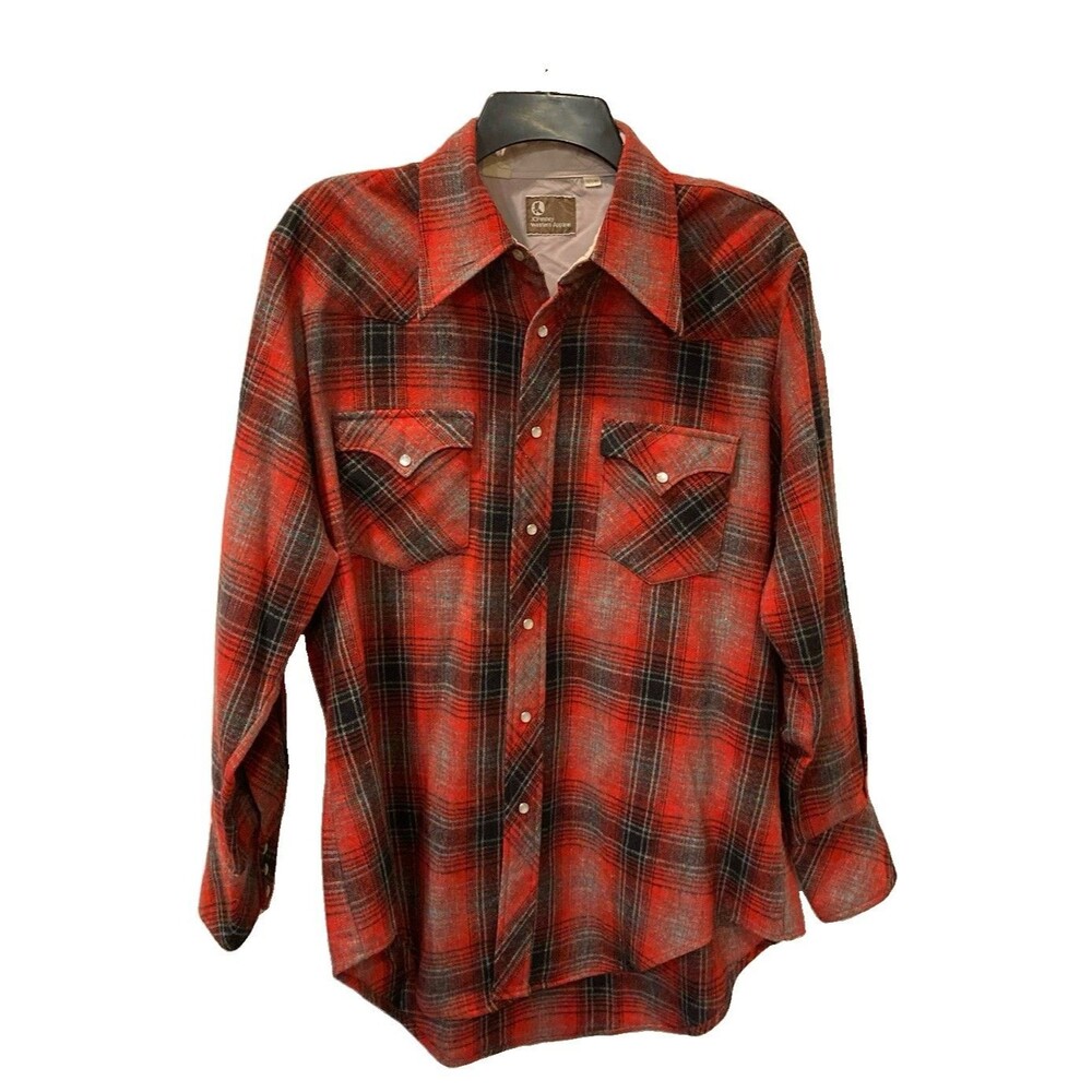 Men's VTG JCPenney Western Shirt Red Plaid Wool Flannel Snaps Sz 16.5x33